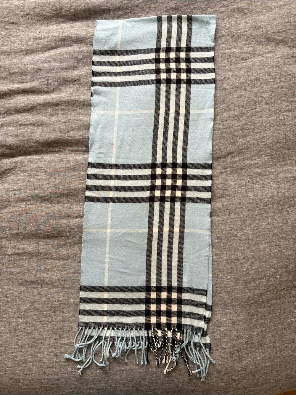 Light Blue Plaid Cashmere Scarf with Fringe